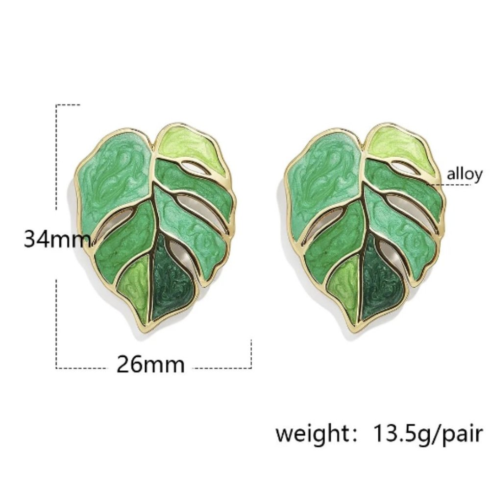 Green & Gold Bohemian Monstera Leaf Palm Tree Leaf Marble Painted Stud Earrings - Picture 4 of 6